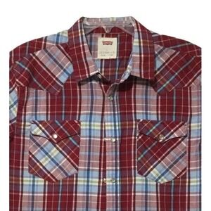 Levi Strauss Shirt Mens Pearl Snap L Red Blue Plaid Western Cowboy Short Sleeve